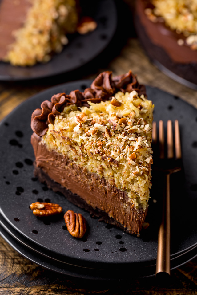 This No-Bake German Chocolate Cheesecake is insanely decadent and such a treat! Featuring a crunchy Oreo cookie crust, creamy chocolate cheesecake filling, and coconut and pecan topping... it's a total showstopper! Bonus: You can make this up to 4 days in advance!