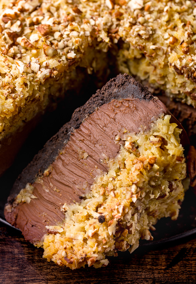 This No-Bake German Chocolate Cheesecake is insanely decadent and such a treat! Featuring a crunchy Oreo cookie crust, creamy chocolate cheesecake filling, and coconut and pecan topping... it's a total showstopper! Bonus: You can make this up to 4 days in advance!