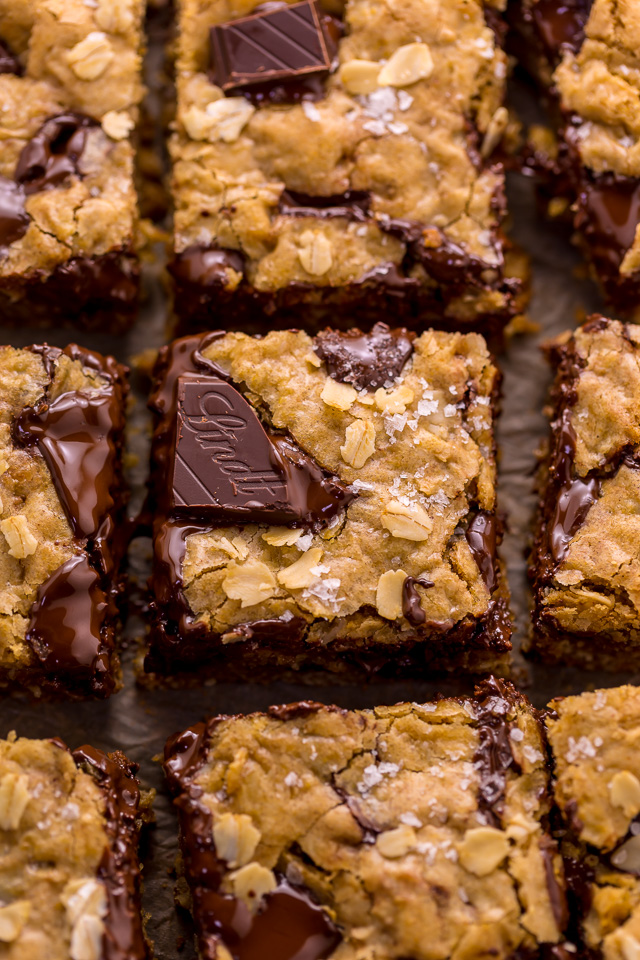 These are the BEST Oatmeal Cookie Bars you'll ever bake! Soft, chewy, and loaded with rolled oats and chocolate, this is a great recipe the whole family will love! Super easy and no mixer required!