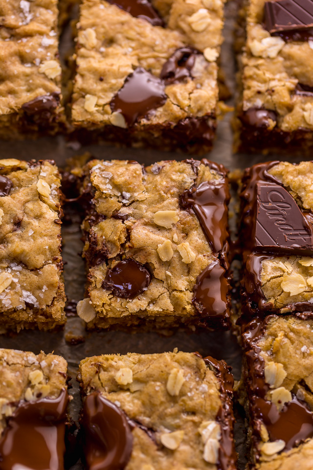 These are the BEST Oatmeal Cookie Bars you'll ever bake! Soft, chewy, and loaded with rolled oats and chocolate, this is a great recipe the whole family will love! Super easy and no mixer required!