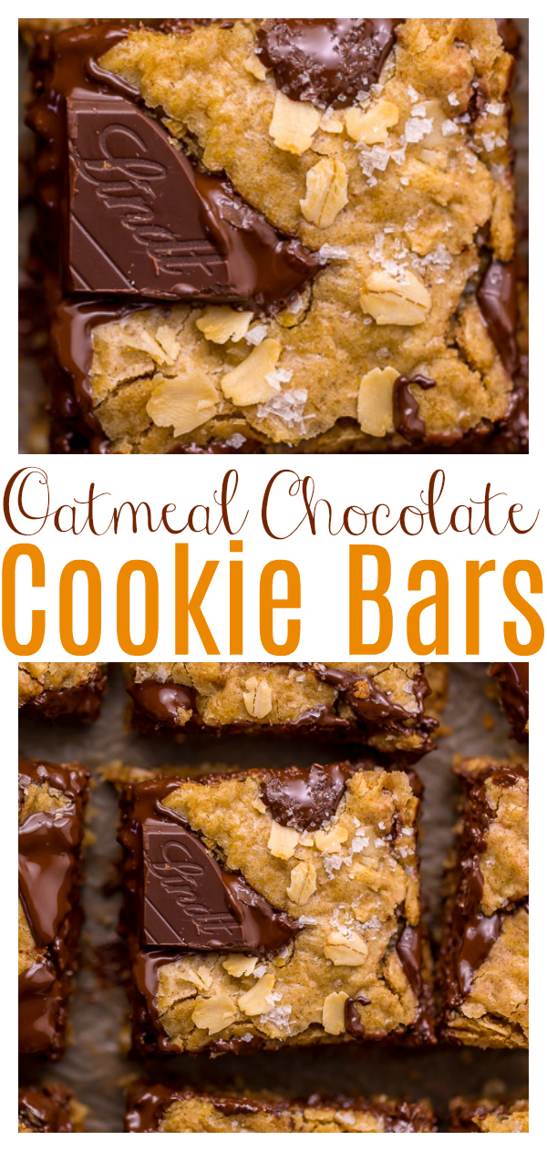 These are the BEST Oatmeal Cookie Bars you'll ever bake! Soft, chewy, and loaded with rolled oats and chocolate, this is a great recipe the whole family will love! Super easy and no mixer required!