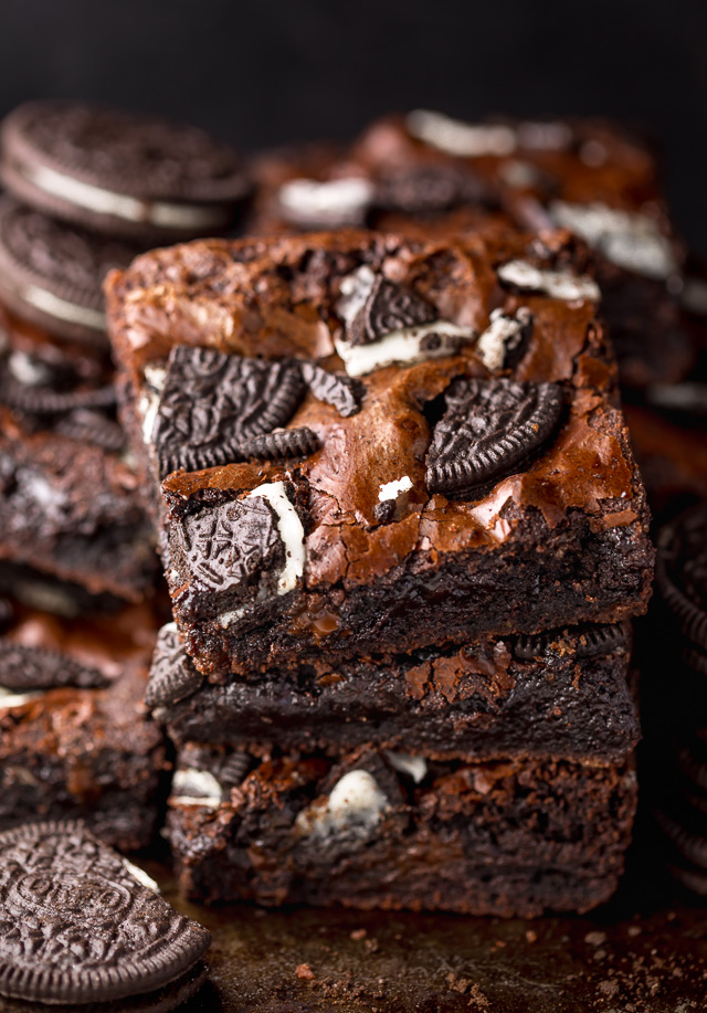 Oreo Brownies are so easy and a MILLION times more delicious than boxed brownie mix! Loaded with rich chocolate flavor, chocolate chips, and plenty of crushed Oreo cookies! Preheat your oven to 350 and bake these brownies today!