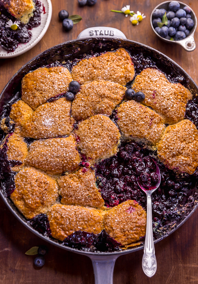 When blueberries go on sale, stock up so you can make this quick and easy blueberry cobbler recipe! Featuring the juiciest blueberry filling and a buttery biscuit topping, this Summer dessert is so good with a scoop of vanilla ice cream on top! While I always prefer to use fresh fruit, this recipe will work with fresh or frozen blueberries! #blueberrycobbler