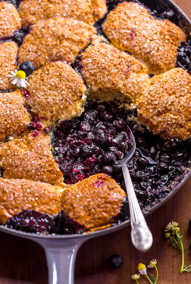 When blueberries go on sale, stock up so you can make this quick and easy blueberry cobbler recipe! Featuring the juiciest blueberry filling and a buttery biscuit topping, this Summer dessert is so good with a scoop of vanilla ice cream on top! While I always prefer to use fresh fruit, this recipe will work with fresh or frozen blueberries! #blueberrycobbler