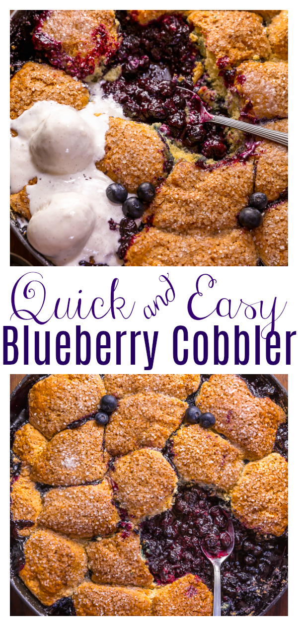 When blueberries go on sale, stock up so you can make this quick and easy blueberry cobbler recipe! Featuring the juiciest blueberry filling and a buttery biscuit topping, this Summer dessert is so good with a scoop of vanilla ice cream on top! While I always prefer to use fresh fruit, this recipe will work with fresh or frozen blueberries!