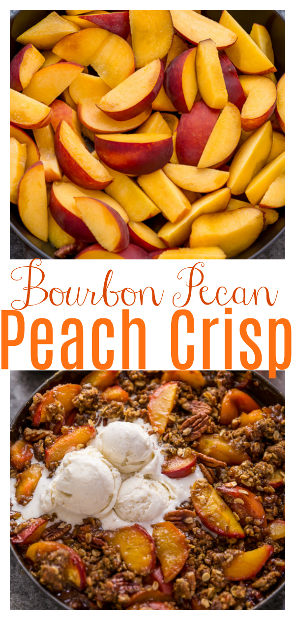 In my humble opinion, the only thing better than peach crisp is BOURBON PECAN PEACH CRISP! Made with brown sugar, fresh peaches, bourbon, and a touch of cinnamon, this is Summer in a baking dish! Serve warm while the fruit is bubbling, with a big scoop of vanilla ice cream on top!
