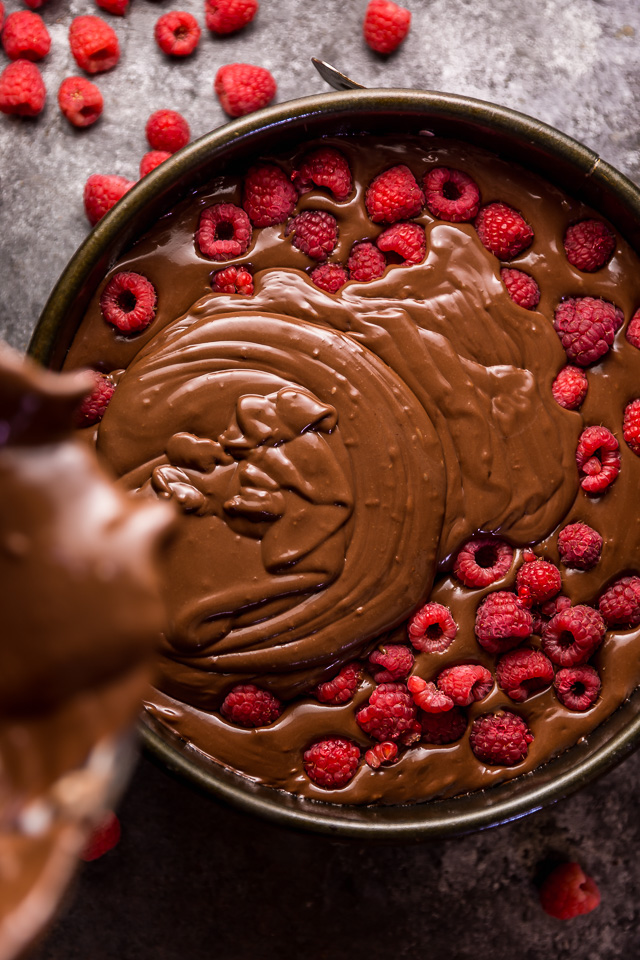 This Dark Chocolate Raspberry Cheesecake is pure decadence! It's not too sweet and but very rich, so a small slice goes far! The fresh raspberry pockets swirled throughout are delightfully refreshing! #chocolateraspberrycheesecake #chocolate #raspberry #raspberrycheesecake #cheesecake #Chocolatecheesecake #dessertrecipes 