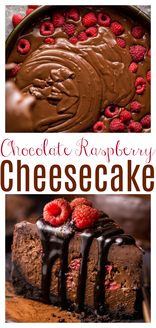 This Dark Chocolate Raspberry Cheesecake is pure decadence! It's not too sweet and but very rich, so a small slice goes far! The fresh raspberry pockets swirled throughout are delightfully refreshing!