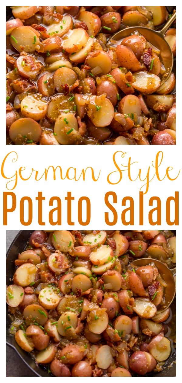 I had my first taste of German Potato Salad 7 years ago and it was love at first bite! It's made with baby red potatoes, yellow onion, and an apple cider vinegar dressing consisting of salt, pepper, mustard, and sugar. And then it's topped with cooked bacon, chopped chives, and a drizzle of olive oil! This potato salad is served warm and makes a great side dish!