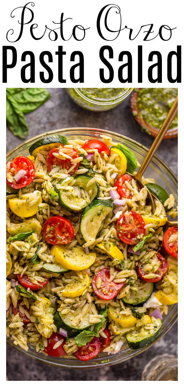 It's beginning to feel a lot like Summer, and you know what that means, right? It's PASTA SALAD SEASON! And this Pesto Orzo Pasta Salad with Zucchini, Goat Cheese, and Tomatoes is sure to be on heavy rotation all Summer long! This mayo-free pasta salad is vegetarian friendly and perfect for picnics, potlucks, and barbecues!