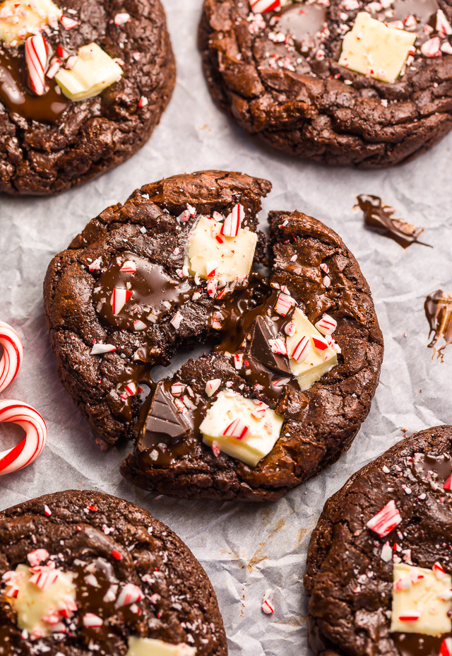 If you enjoy the combination of dark chocolate and perky peppermint, you're going to LOVE these Double Chocolate Peppermint Fudge Cookies! Topped with gooey chocolate chunks, a white chocolate layer, plus crushed candy canes, these cookies are as beautiful as they are delicious! And a must bake this holiday season!