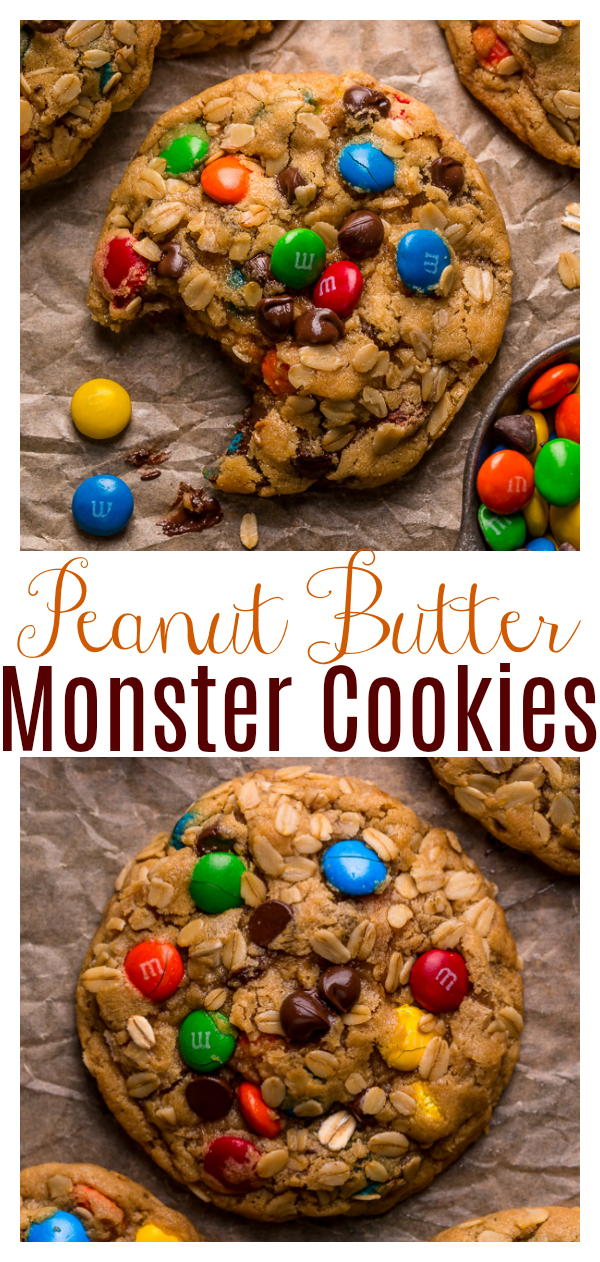 Monster cookies are loaded with creamy peanut butter, chewy oats, colorful m&ms, and gooey chocolate chips! They bake up super thick, with chewy edges and incredibly soft centers. A must try for all of my fellow cookie monsters out there!