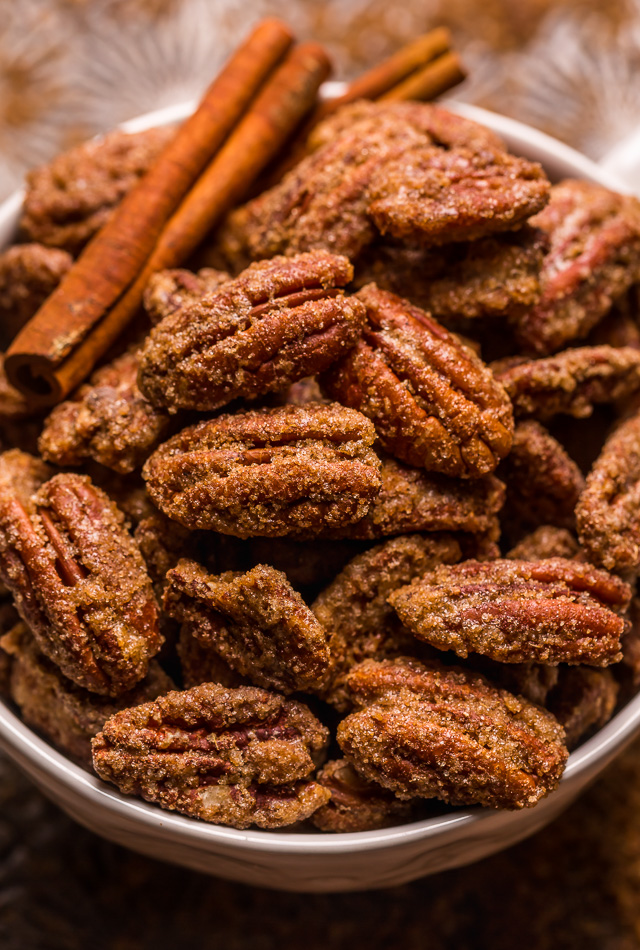 These EASY Candied Pecans are sweet, crunchy, and borderline addictive! Made with simple ingredients, these candied nuts are delicious on salads, ice cream, yogurt, casseroles, or just by the handful! Store in an airtight container and they'll last up to two weeks!