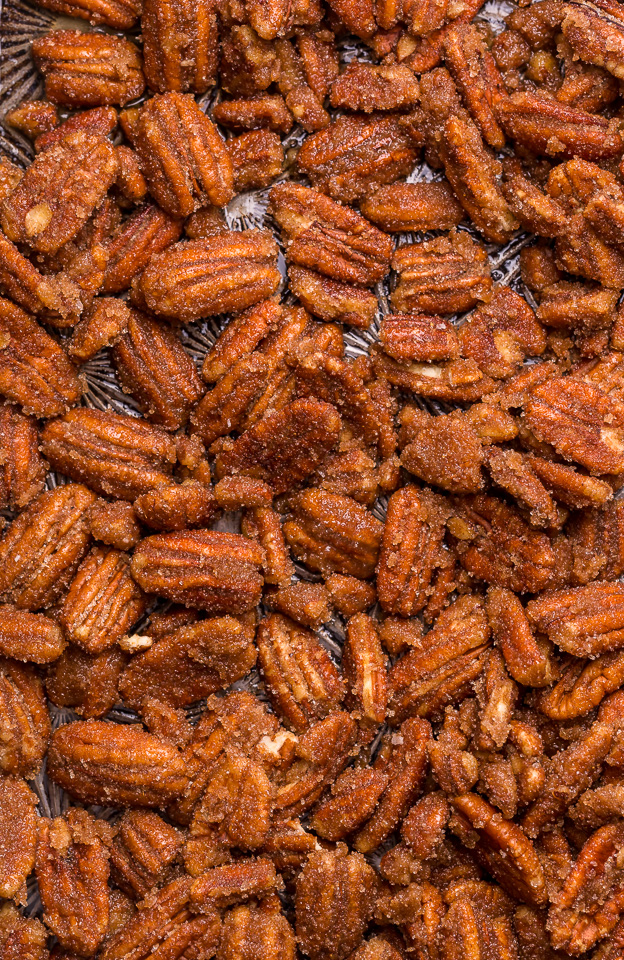 These EASY Candied Pecans are sweet, crunchy, and borderline addictive! Made with simple ingredients, these candied nuts are delicious on salads, ice cream, yogurt, casseroles, or just by the handful! Store in an airtight container and they'll last up to two weeks!
