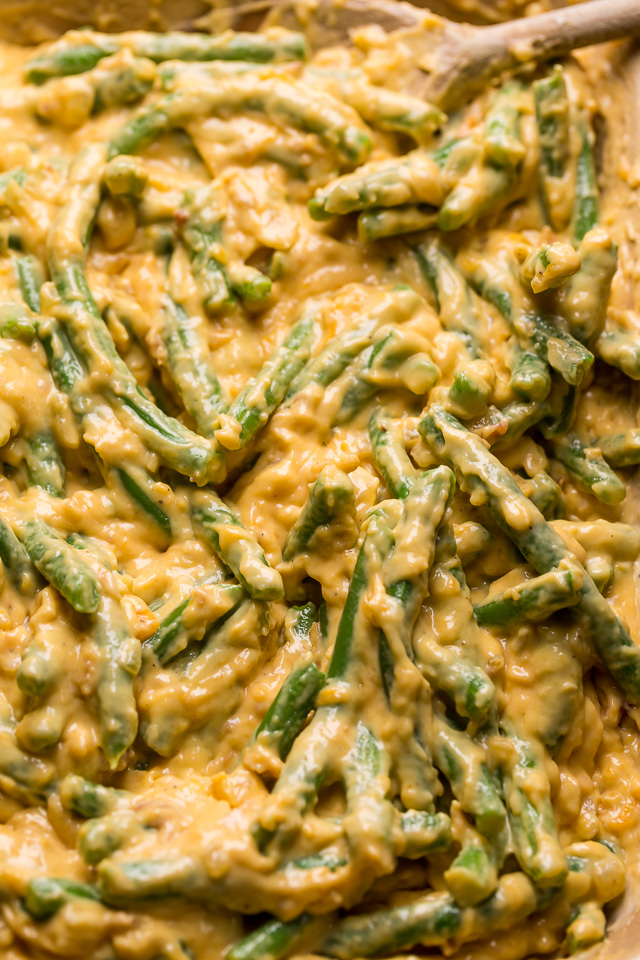 Cheesy Bacon and Green Bean Casserole is creamy, crunchy, and so delicious! Always a huge hit at Thanksgiving celebrations, parties, and pot lucks! If you've been looking for a new green bean casserole recipe, this is it!