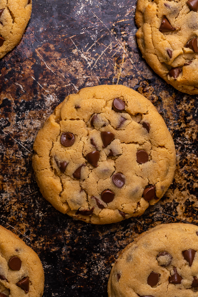 These Bakery-Style Chocolate Chip Cookies are super thick, rich in peanut butter flavor, and loaded with gooey chocolate chips! Press extra chocolate chips on top and sprinkle with sea salt for an impressive presentation! A great recipe for anyone who loves the combination of chocolate and peanut butter!