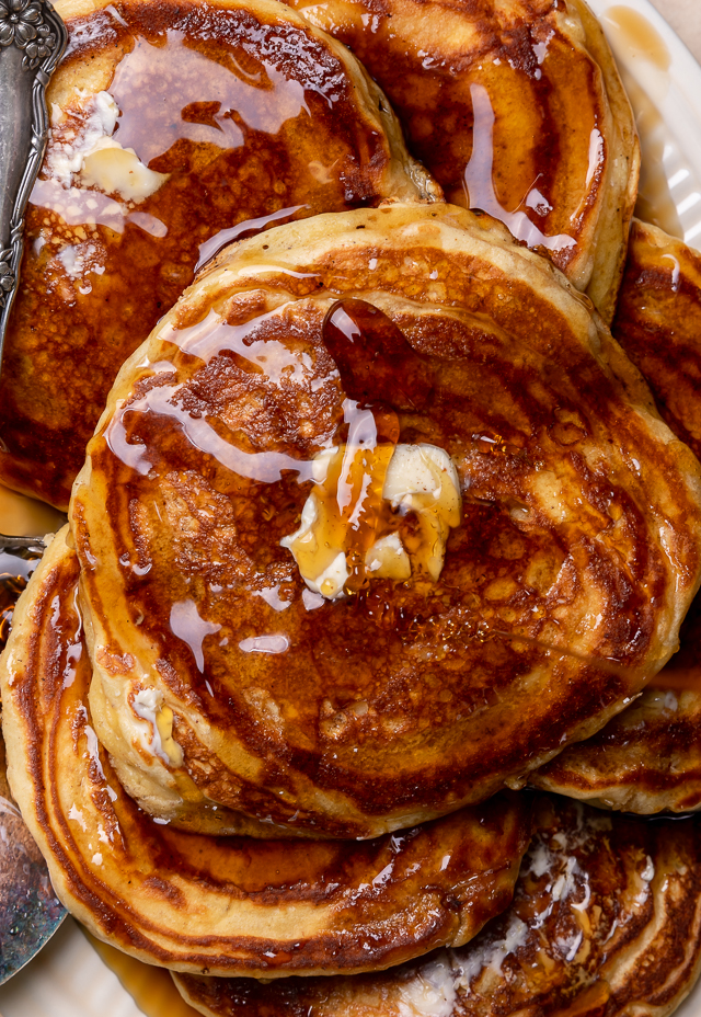 My Favorite Buttermilk pancakes are thick, fluffy, and made totally from scratch! A super easy pancake recipe that's also freezer friendly. The perfect breakfast to please the whole family!