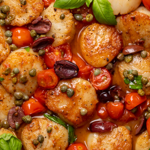 Pan Seared Scallops With Tomatoes Olives And Capers Baker By Nature