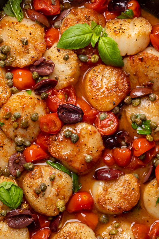 Pan Seared Scallops with Tomatoes, Olives, and Capers - Baker by Nature