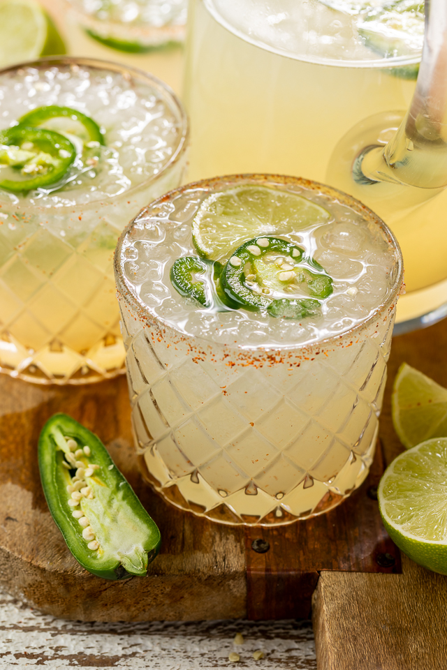 Say hello to the BEST Spicy Jalapeno Margarita your lips will ever meet! It's everything you love about a classic margarita, but with a spicy kick! Feel free to double the spice if you really want to suffer, or reduce it for a more mild marg!