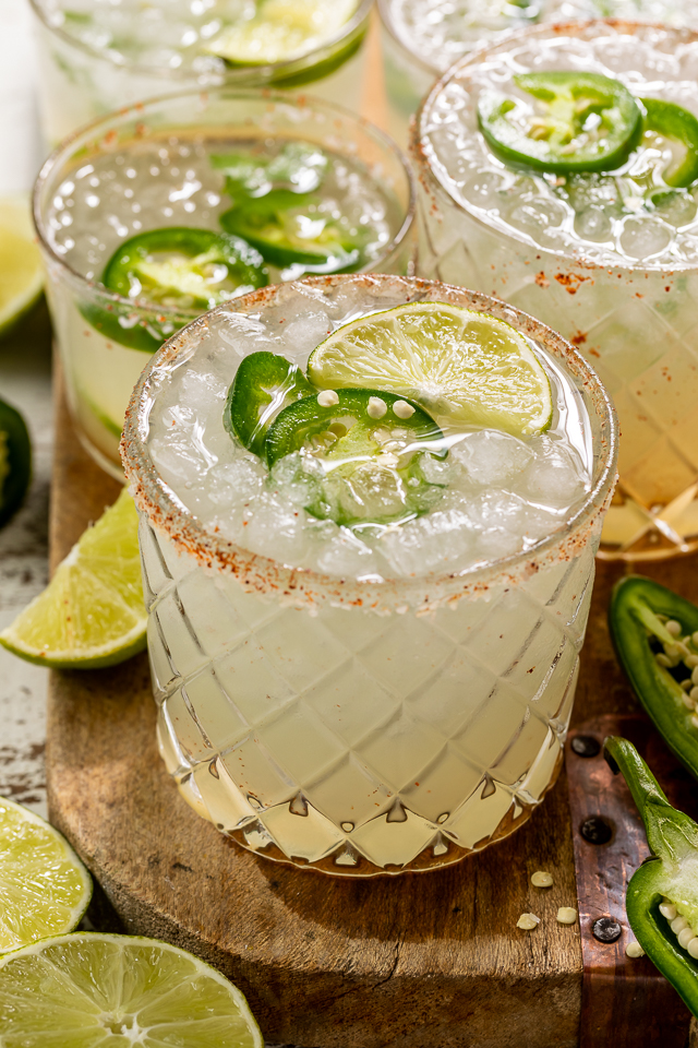 Say hello to the BEST Spicy Jalapeno Margarita your lips will ever meet! It's everything you love about a classic margarita, but with a spicy kick! Feel free to double the spice if you really want to suffer, or reduce it for a more mild marg!