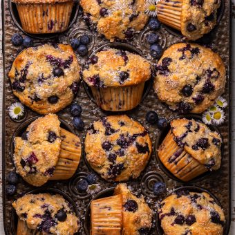 Not too sweet and delightfully moist, these Banana Blueberry Muffins are the perfect breakfast treat! Fresh blueberries work best, but frozen blueberries will work in a pinch. Be sure to fill the muffin cups all the way up to the top for giant domed muffin tops!