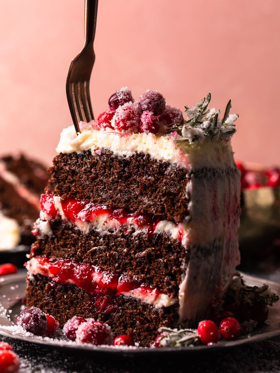 Featuring three layers of chocolate espresso cake, creamy mascarpone buttercream frosting, and a sweet cranberry filling, this Chocolate Cranberry Christmas Cake is a total showstopper! The perfect holiday dessert to wow your guests this year!