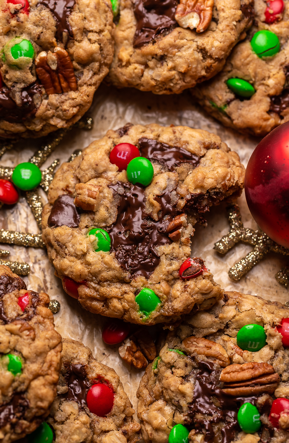 These Special Edition Christmas Cowboy Cookies are loaded with chocolate, pecans, shredded coconut, toffee, and holiday M&Ms!