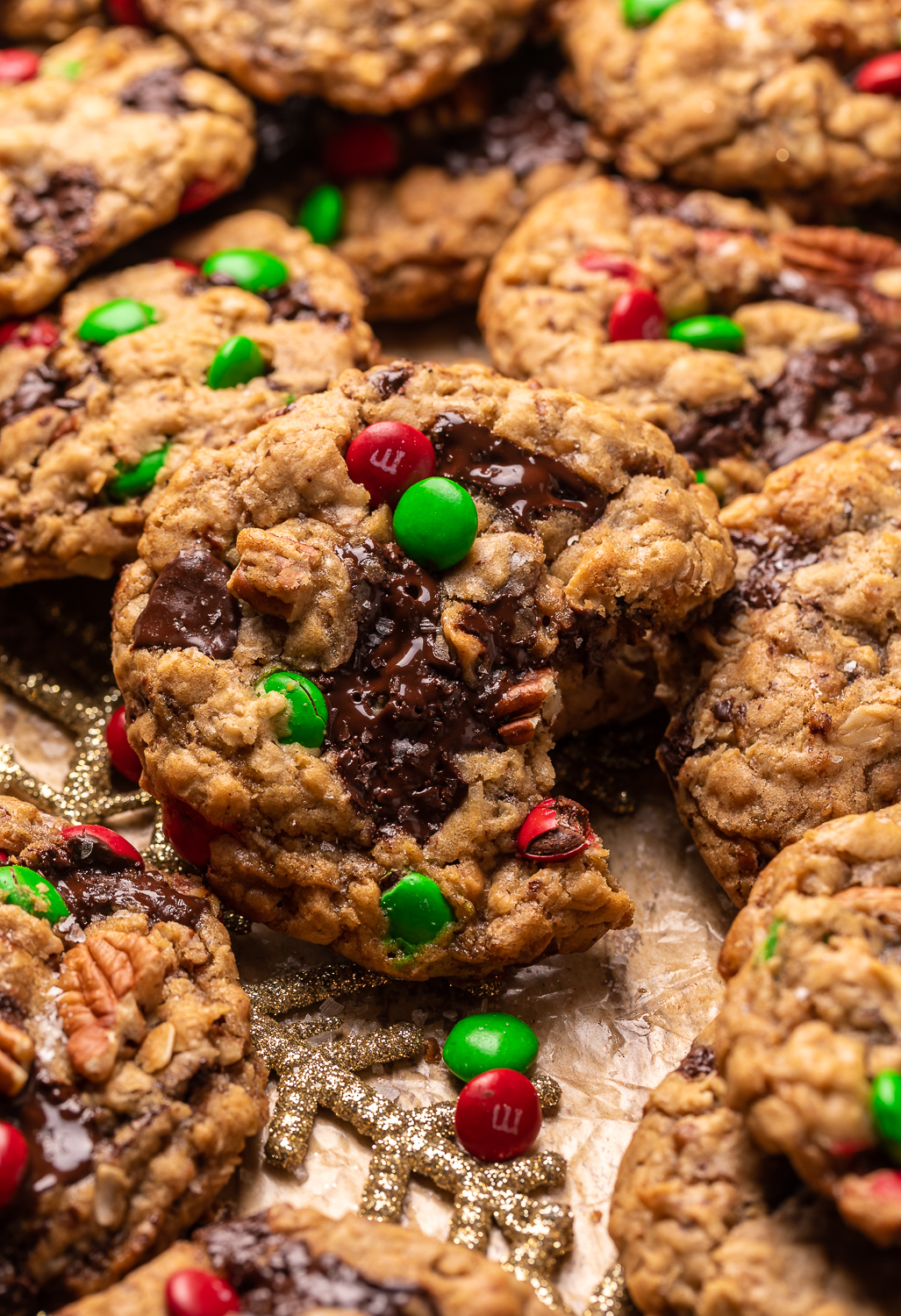 These Special Edition Christmas Cowboy Cookies are loaded with chocolate, pecans, shredded coconut, toffee, and holiday M&Ms!