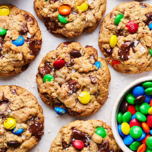 Brown Butter Chocolate Chunk M&M Oatmeal Cookies are thick, chewy, and don't require any chilling!