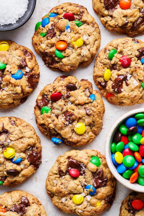 Brown Butter Chocolate Chunk M&M Oatmeal Cookies are thick, chewy, and don't require any chilling!