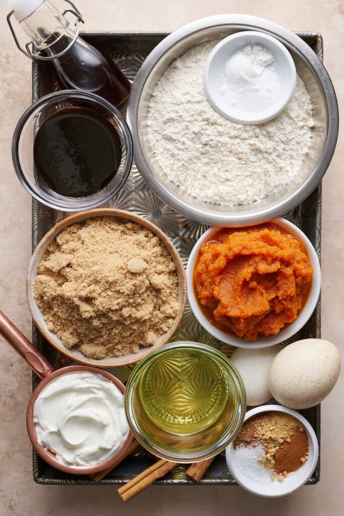 Ingredients for pumpkin coffee cake on a baking sheet.