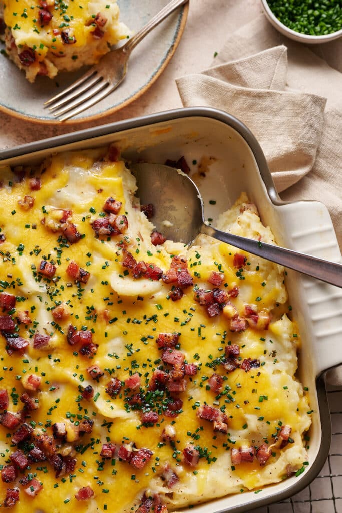 Bacon Cheddar Mashed Potato Casserole - Baker by Nature