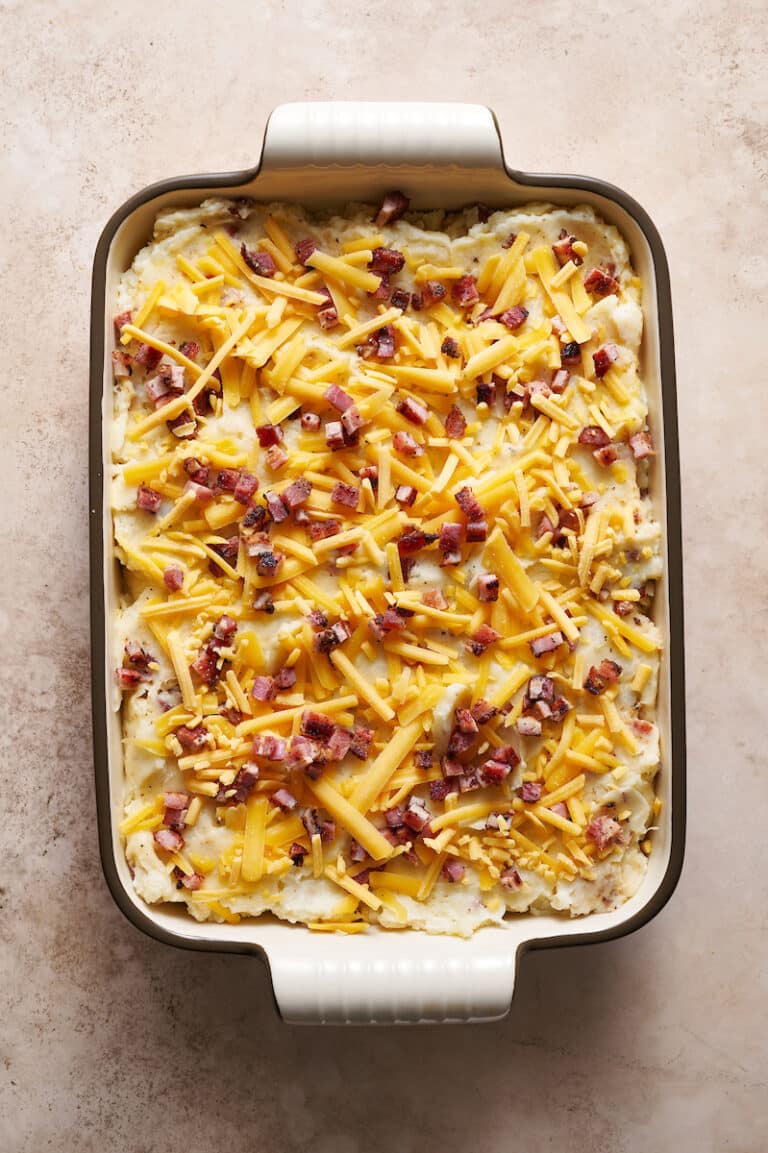 Bacon Cheddar Mashed Potato Casserole - Baker by Nature