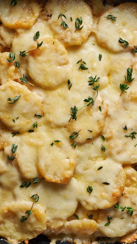 Scalloped potatoes with fresh thyme sprinkled on top.