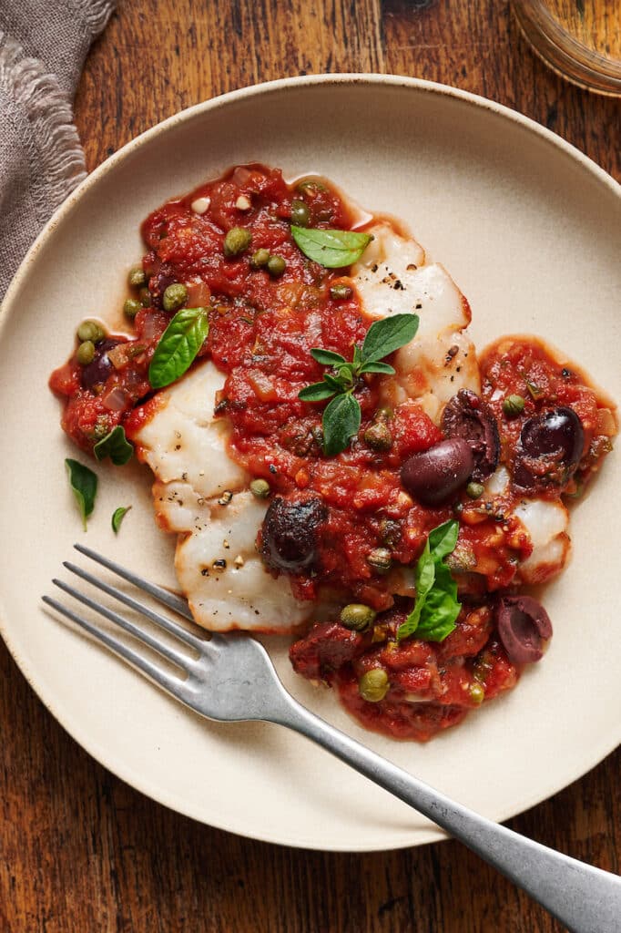 Baked Cod Puttanesca - Baker by Nature