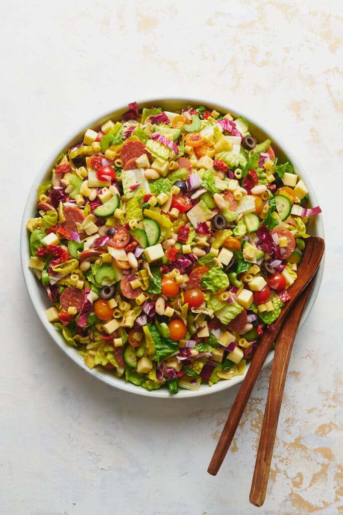 Bowl of Italian chopped salad tossed and ready to serve.