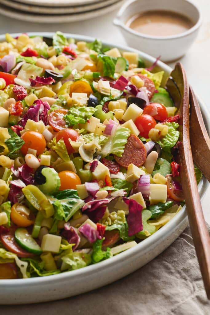 Bowl of Italian chopped salad tossed and ready to serve.