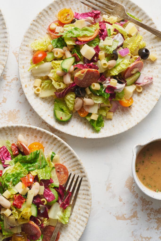 Bowl of Italian chopped salad tossed and ready to serve.