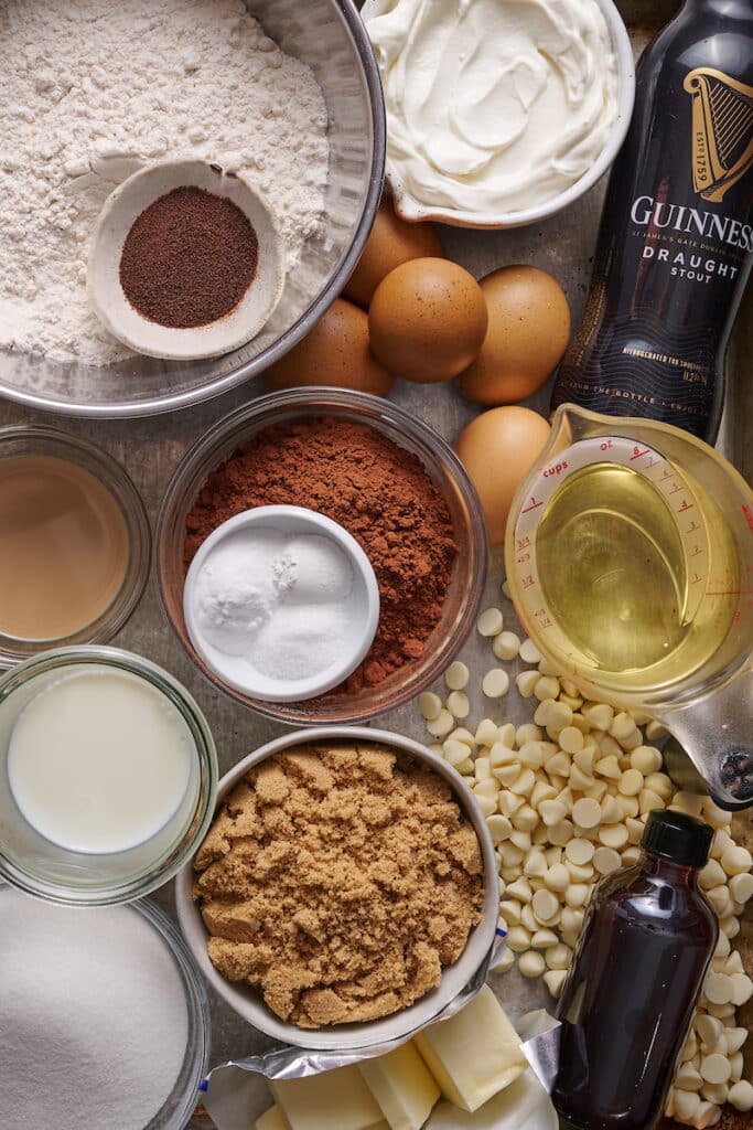 Ingredients for Guinness chocolate cake recipe on a large baking sheet.