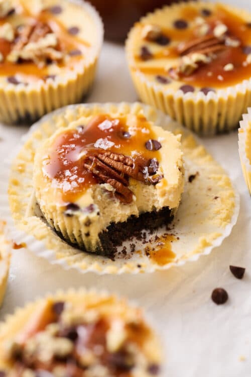 Salted Caramel Chocolate Chip Mini Cheesecakes - Baker by Nature