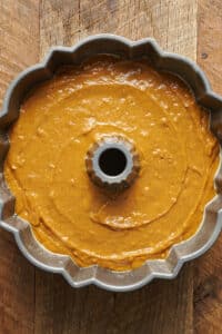 Pumpkin cake batter in Bundt Cake pan.