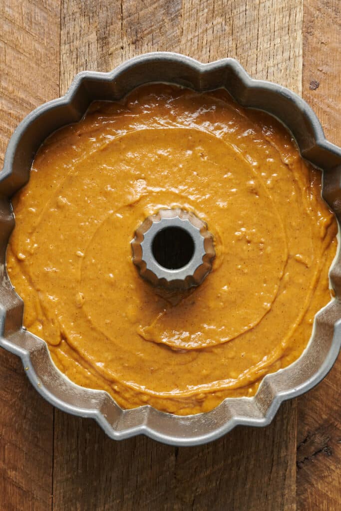 Pumpkin cake batter in Bundt Cake pan.