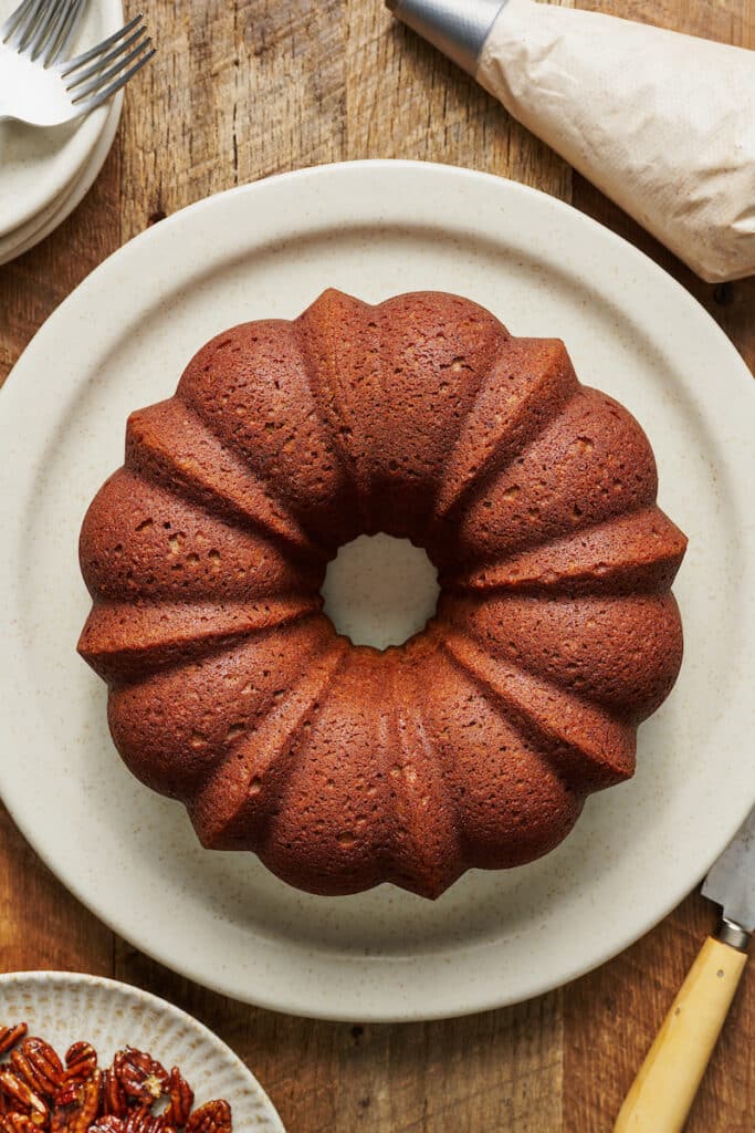 Pumpkin Bundt Cake cooled and ready to be decorated.