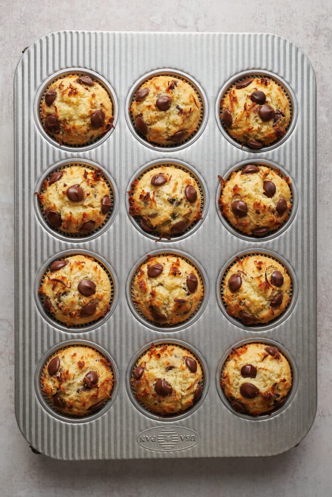 Baked coconut muffins in muffin tin.