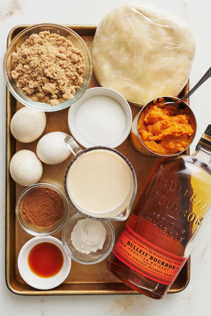 Ingredients for bourbon pumpkin pie recipe.