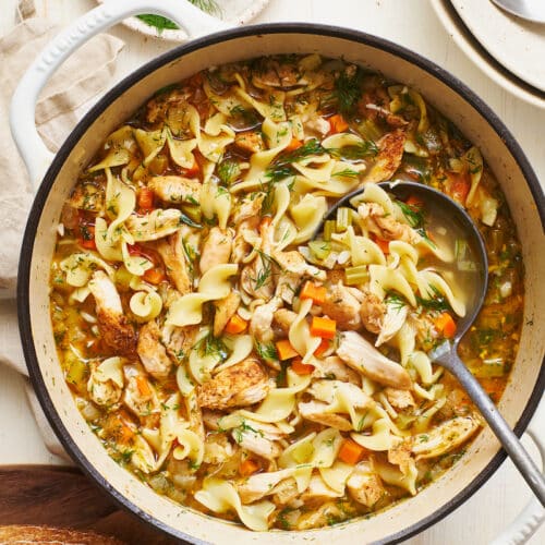 Big pot of chicken noodle soup in dutch oven with ladle.