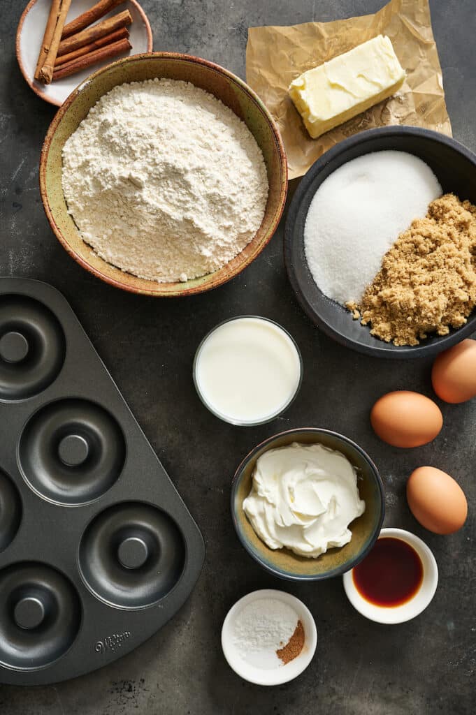 Ingredients for cinnamon sugar donuts.