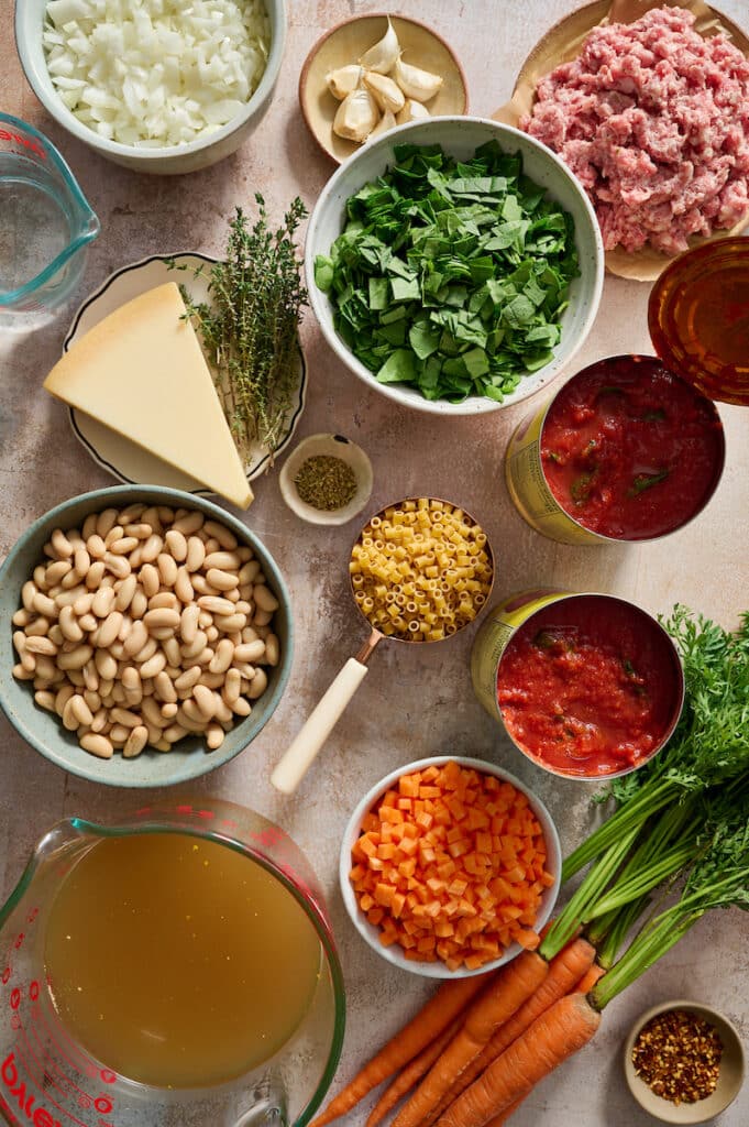 Ingredients for pasta fagioli soup on board.