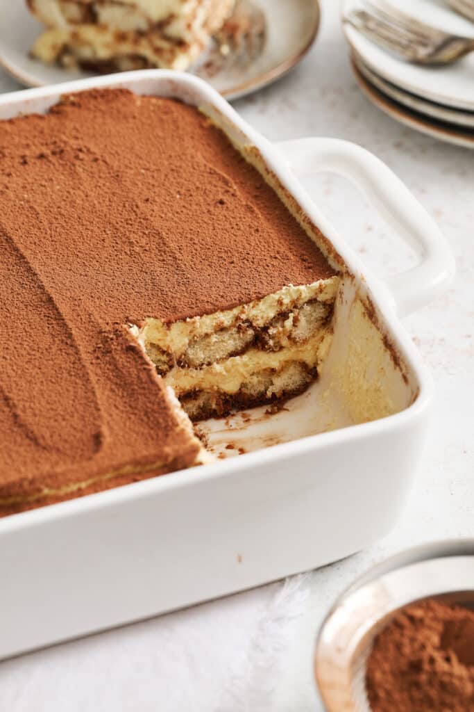 Baking pan with tiramisu inside.